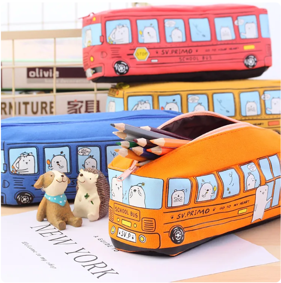 Cartoon School Bus Canvas Pencil Case (2 Colors)